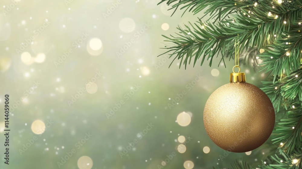 Poster golden christmas ornament hanging on pine tree with soft blurred lights creating a warm festive atmo