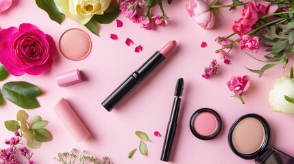 Handwritten greeting card with cosmetic products and blooming roses on pink background creating a festive and elegant composition