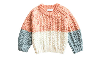 Colorful knitted sweater with cable patterns in pastel shades displayed on a transparent background.