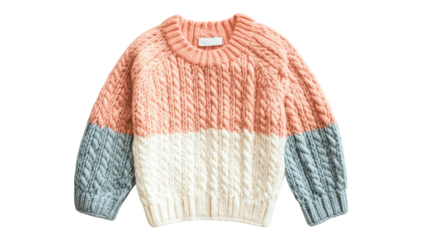 Colorful knitted sweater with cable patterns in pastel shades displayed on a transparent background.