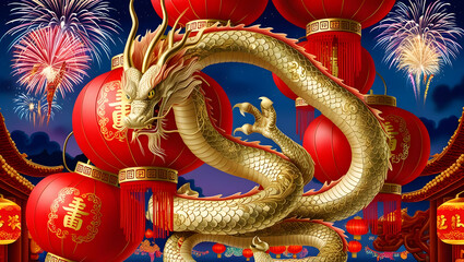 Fototapeta premium Golden Dragon and Lanterns Celebration