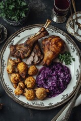 Goose with red cabbage and potato dumplings