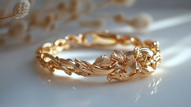 Elegant gold micron floral bracelet showcasing intricate design and craftsmanship on a serene background with soft natural lighting.