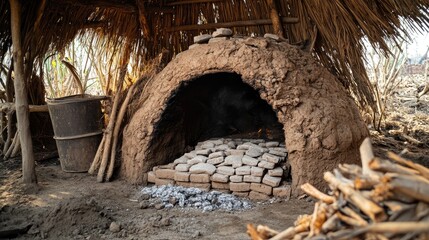 Traditional handmade kiln for firing and hardening mud bricks in rural setting surrounded by natural materials.