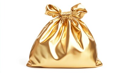 Shiny golden drawstring bag isolated on white background with clipping path for luxury branding and packaging design purposes