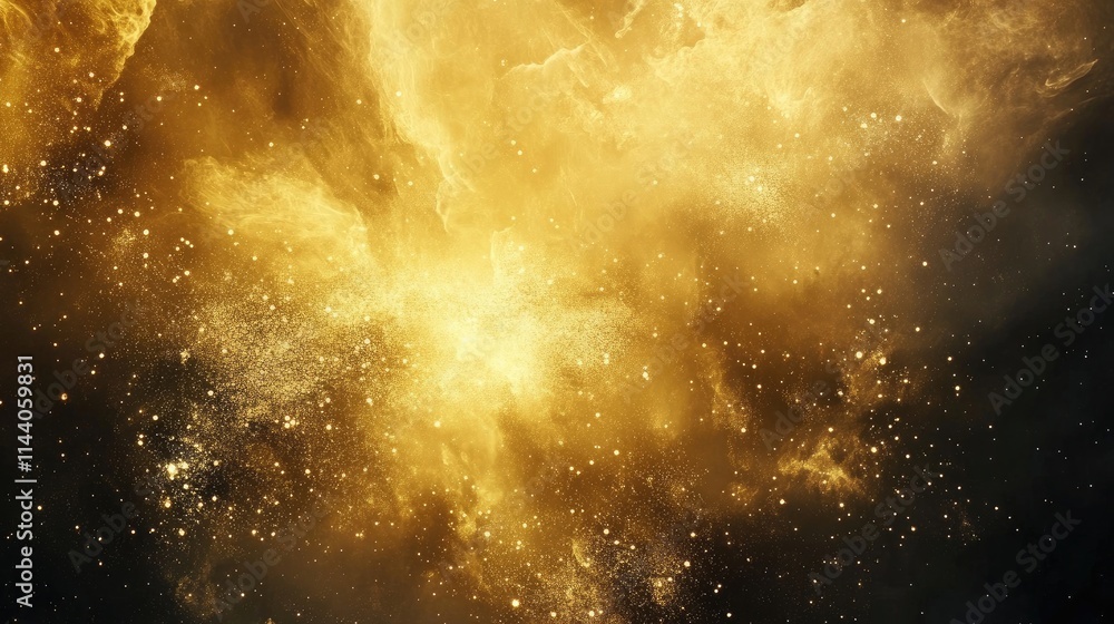 Poster golden cosmic dust texture with glowing celestial elements creating an abstract frame background for