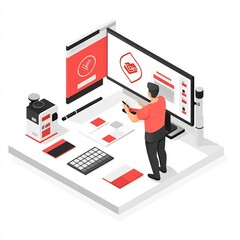 Isometric Infographic of Brand Strategist Presenting Logo Design on Screen with Office Equipment