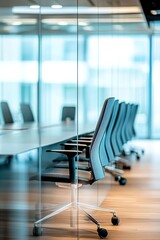 A photo of an empty modern boardroom with glass walls and chairs, blurred background