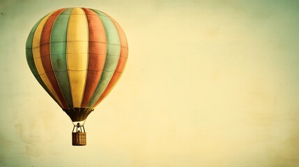Obraz premium A vintage hot air balloon illustration, colorful striped balloon, and a simple basket on retro old paper background 