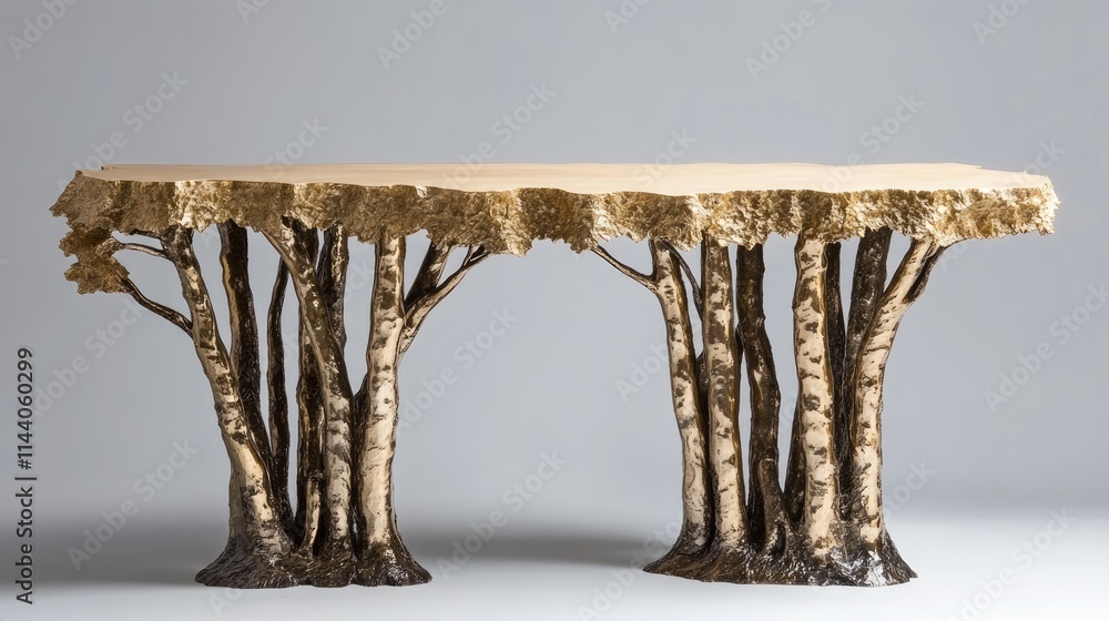 Poster artistic tree-inspired table design featuring sculpted aspen trees as support base
