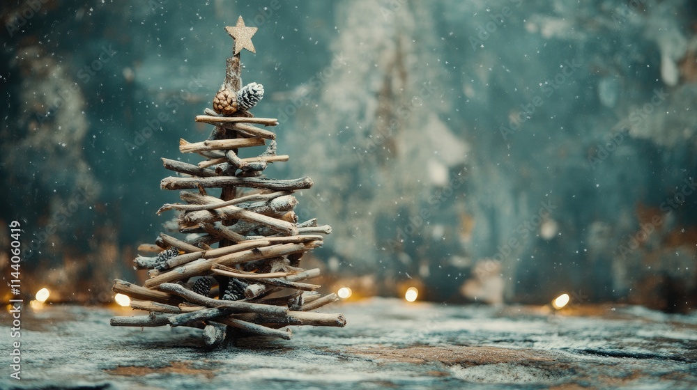 Aufkleber rustic handmade christmas tree crafted from wooden branches adorned with natural elements and set ag