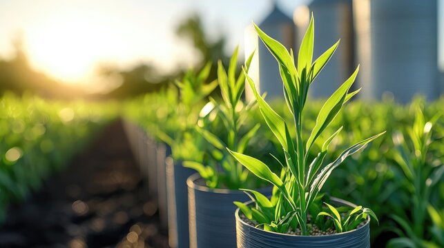 Animal feed business sustainability concept. Eco-silo grain storage, augmented reality grain management, futuristic sustainable farm