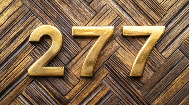 Gold numeral 277 displayed on an intricately designed wooden background showcasing texture and elegance for interior design concepts.