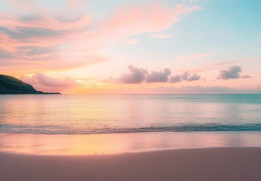 Beautiful beach with a pink and orange sunset sky, calm ocean water, and a summer vacation background.