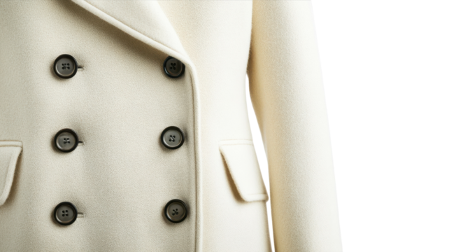 Stylish cream double-breasted coat with black buttons showcased against a transparent background for fashion display.