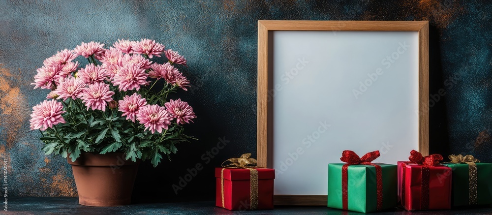 Poster front perspective of an empty frame with pink chrysanthemums in a planter and festive red and green 