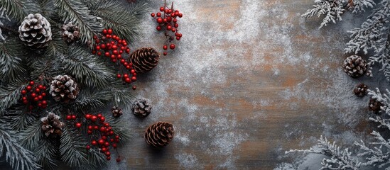 Holiday greeting card mockup with snow-dusted spruce branches, pine cones, and red berries on a rustic wooden background. Space for labels.