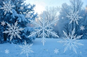 A close-up of a frosty drawing on the glass of snowflakes, a blurred background of a winter forest outside the window, a postcard, wallpaper, Christmas background. 