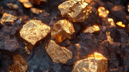 Textured close-up of shimmering gold and brown nickel ore showcasing metallic luster and mineral formations in natural lighting