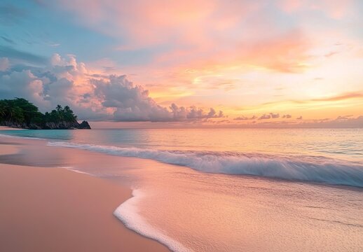 Beautiful beach with a pink and orange sunset sky, calm ocean water, and a summer vacation background.