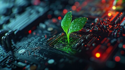 Fresh green sprout emerging from electronic circuits motherboard symbolizing integration sustainability technology showing how innovation eco-consciousness coexist better planet
