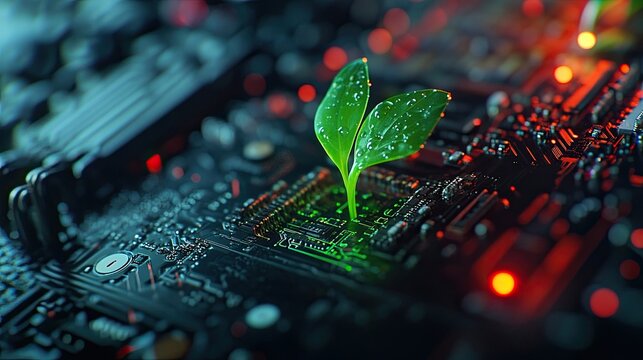 Fresh green sprout emerging from electronic circuits motherboard symbolizing integration sustainability technology showing how innovation eco-consciousness coexist better planet