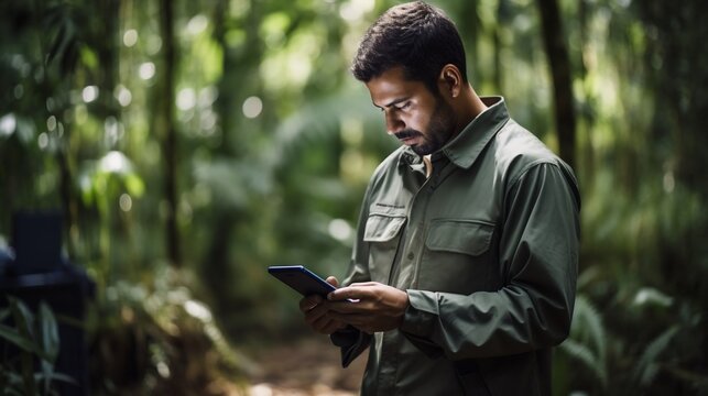 GIS Technician Performing Outdoor Fieldwork with GPS Device and Digital Tablet for Geographic Data Collection and Analysis