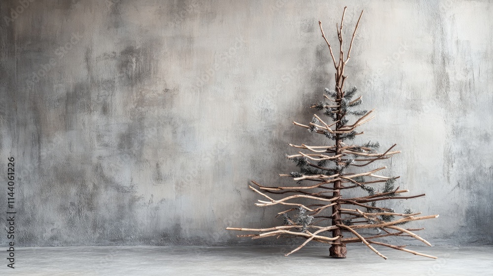 Aufkleber rustic handmade christmas tree crafted from wooden branches set against a textured grey background w