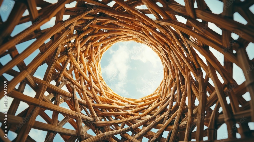 Poster abstract view of handmade bamboo weave pattern creating a unique circular texture with sky in the ba