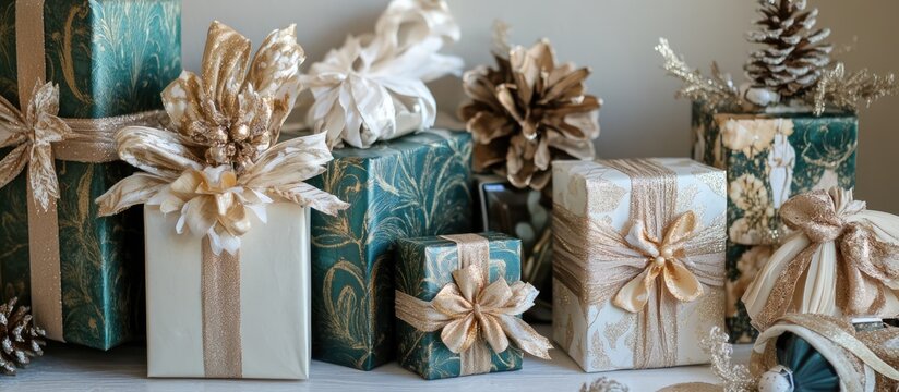 Elegant handcrafted Christmas gifts adorned with glittering ribbons and festive decorations showcasing a holiday theme in warm colors.