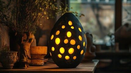 Artisan ceramic lamp with warm yellow lights creating a cozy ambiance in a rustic setting