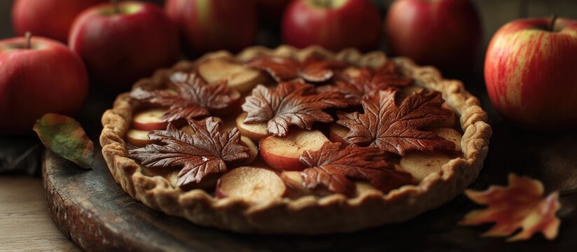 Autumn themed apple pie with decorative leaf shaped crust surrounded by fresh apples capturing the essence of the harvest season
