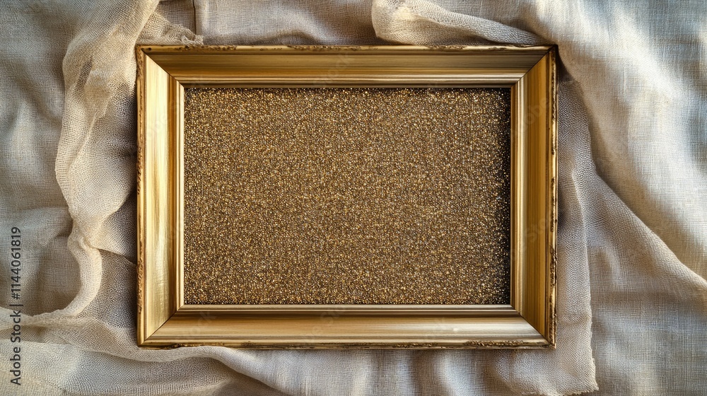 Poster gold glitter empty canvas frame resting on soft fabric background ideal for artistic displays and cr