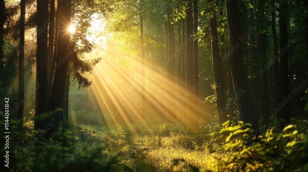 Poster golden sunlight filtering through lush forest trees creating a serene and magical atmosphere