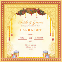 Mughal arch Indian haldi night invitation card. Holud invitation card with decorative parasol and drum.
