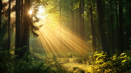 Golden sunlight filtering through lush forest trees creating a serene and magical atmosphere