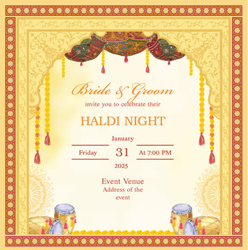 Mughal arch Indian haldi night invitation card. Holud invitation card with decorative parasol and drum.
