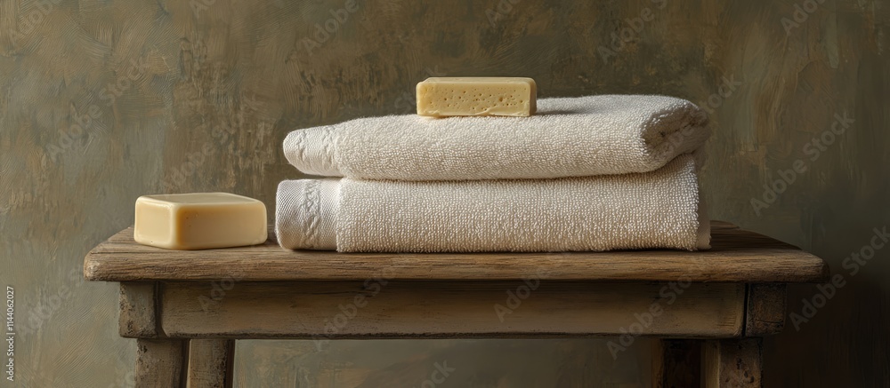Aufkleber elegant spa setting featuring stacked freshly folded towels and a bar of soap on a rustic wooden tab