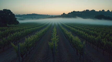 Fototapeta premium Misty Morning Vineyard Rows, Serene Sunrise Landscape