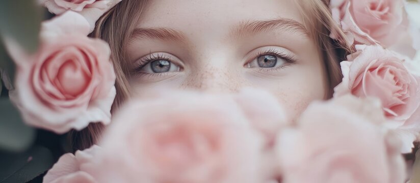 Portrait of a girl surrounded by pink roses with soft focus adding a romantic touch suitable for greeting card designs.