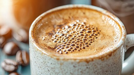 Close-up of crema on espresso in speckled mug.