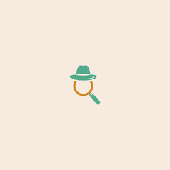 Magnifying glass detective logo with a hat on it icon flat vector design.