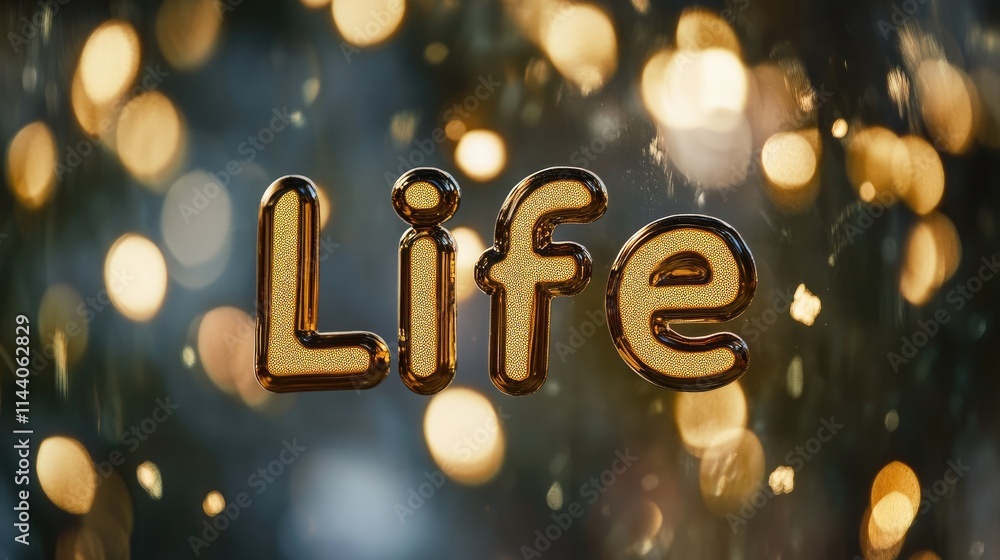 Poster elegant gold letters spelling life with a blurred bokeh background creating a warm and inspirational