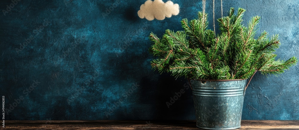 Poster decorative fir branches in an iron bucket on a wooden table with a suspended reed cloud creating a f