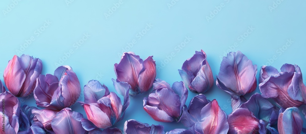 Poster purple tulip border on blue background flat lay design for greeting cards or invitations with space 