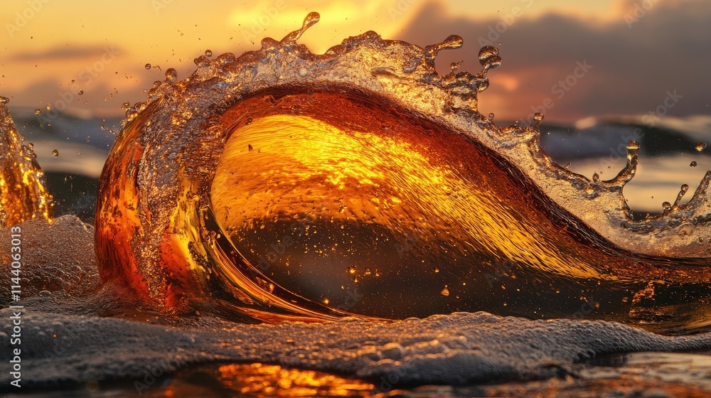 Aufkleber golden beer splash capturing the essence of refreshment in a vibrant sunset backdrop with dynamic wa
