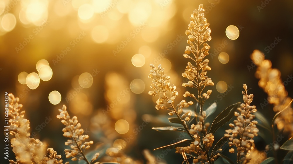 Poster golden floral bokeh background with warm sunlight creating a dreamy and magical atmosphere for desig