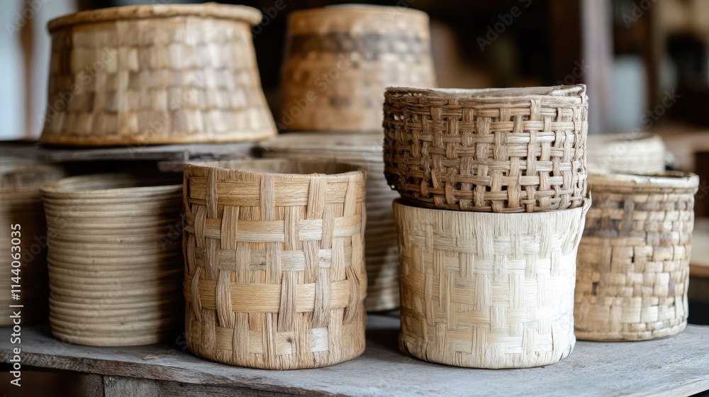 Aufkleber handcrafted woven baskets in assorted shapes and sizes displayed on a rustic wooden table showcasing
