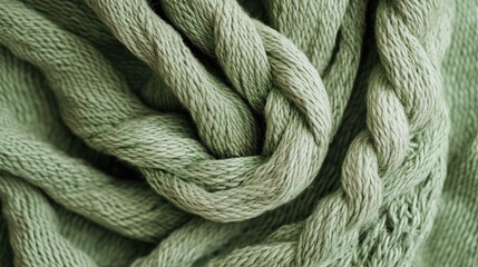 Close up of braided green cotton macrame cord on textured fabric ideal for handicraft promotions and macrame design inspiration