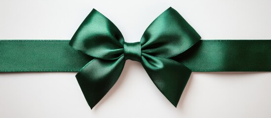 Elegant green satin gift bow on a ribbon against a clean background perfect for holiday decorations and gift wrapping ideas.